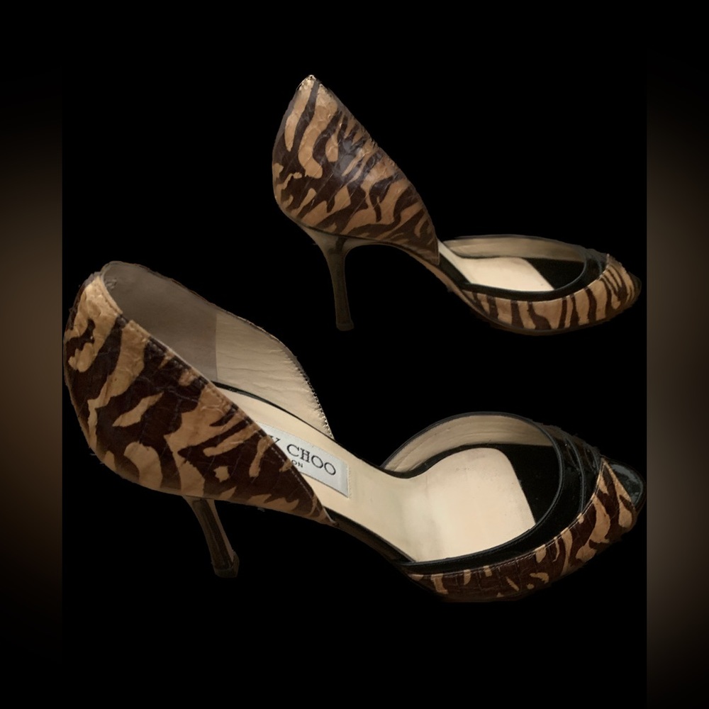 Jimmy Choo Black Browns Animal Print Heels Peep Toe Pumps Shoes 37.5 US 7 Fall - Picture 4 of 13